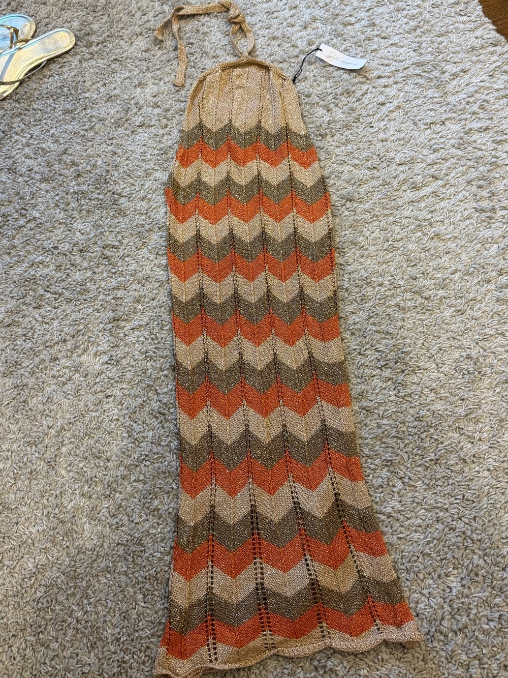 Knit Chevron Halter Maxi Dress in Rust, Taupe & Olive